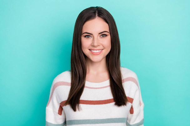 Photo of cheerful charming lady look camera beaming smile wear striped pullover isolated blue color background - Φωτογραφία, εικόνα