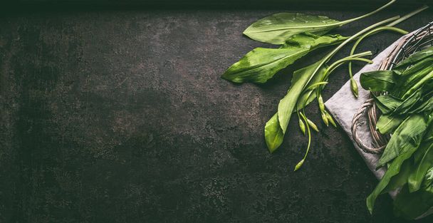 Bunch of fresh ramson, wild garlic, leaves on dark rustic background, top view.  Healthy spring seasonal food, banner. Copy space - Photo, image