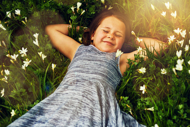 Ystävystyin kukkien kanssa. Ammuttu söpö pieni tyttö makaa pellolla luonnonvaraisten kukkien ulkopuolella. - Valokuva, kuva