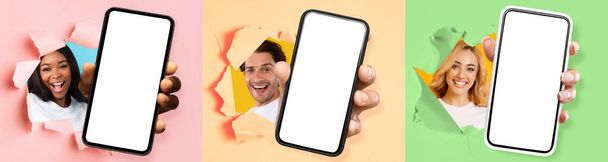 Různorodá pople zobrazující bílou prázdnou obrazovku smartphonu přes roztržený papír - Fotografie, Obrázek