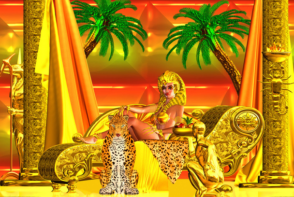 Dea egiziana sdraiata su una chaise lounge che viene servita una ciotola di frutta da un servo d'oro massiccio
. - Foto, immagini