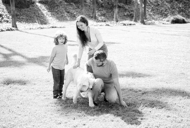 Счастливая семья мамы с маленьким сыном, играющая с собакой в летнем парке зеленая трава, отдохнуть - Фото, изображение