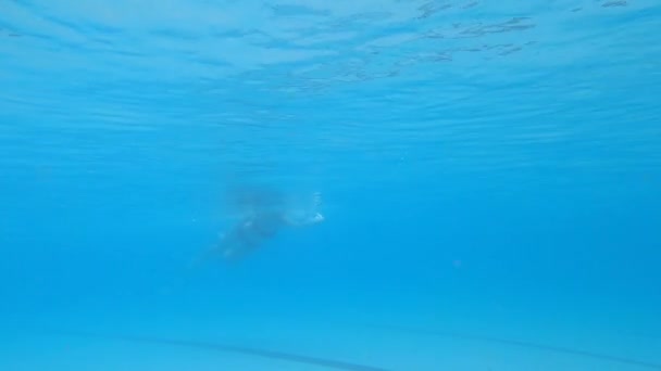 Jonge vrouw zwemmen in vrije stijl pose in het zwembad onder water - Video