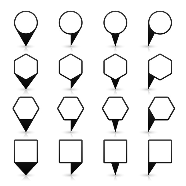 16 Kartenpins unterzeichnen Standort-Symbol mit grauem Schatten und Spiegelung im flachen Stil - Vektor, Bild