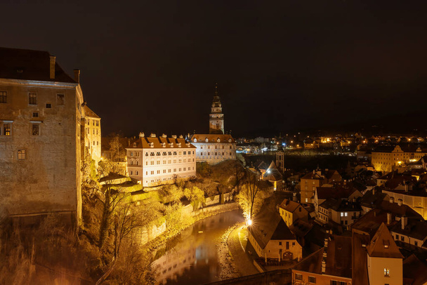 Town Cesky Krumlov and its castle in Czech republic in the night. Horizontally. - Photo, image