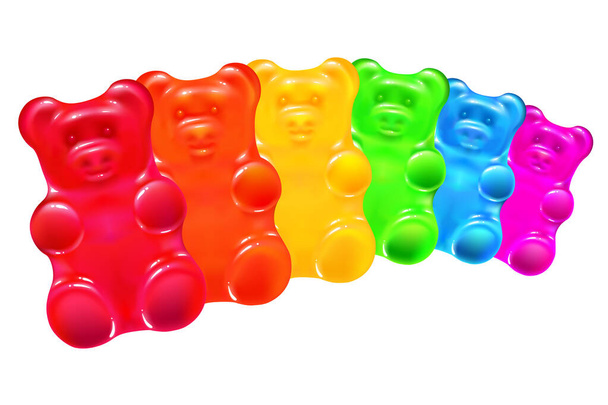 funny colored cartoon gummy bears on a white background. bright jelly candies of rainbow colors. greeting card. isolated vector illustration. - Vector, Image