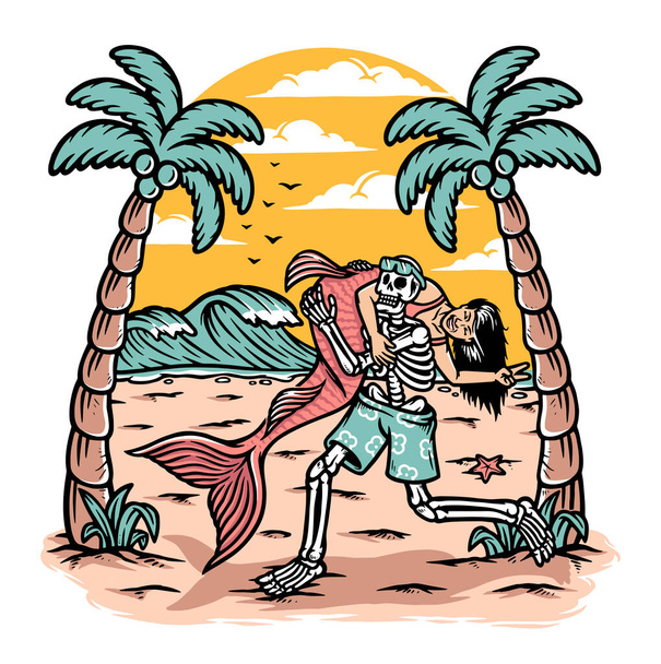 Skull holding a mermaid on the beach - Vettoriali, immagini