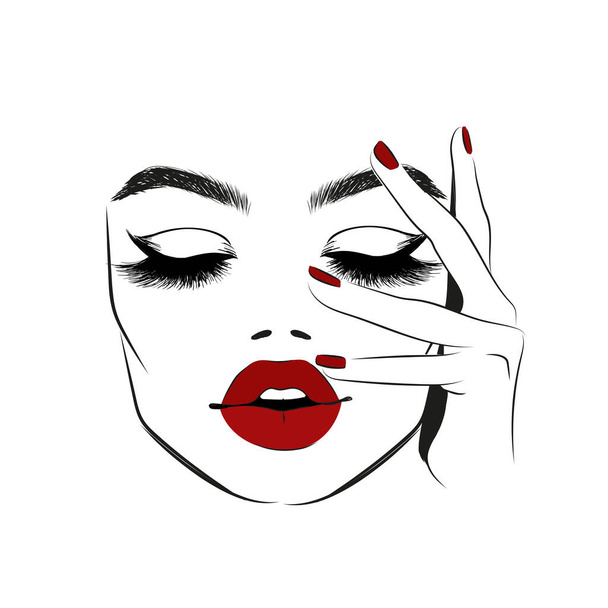 γυναικείο πρόσωπο με κόκκινα χείλη και βλεφαρίδες - Διάνυσμα, εικόνα