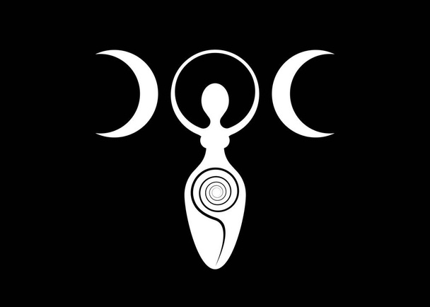 Wiccan Woman Logo потрійна богиня Місяця, спіраль родючості, Pagan Symbols, цикл життя, смерті і відродження. Мати Вікка символ статевого розмноження, векторний білий знак, ізольований на чорному - Вектор, зображення