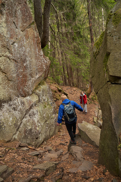 Female waiting for hiking partner to get down from boulder - Foto, Imagem
