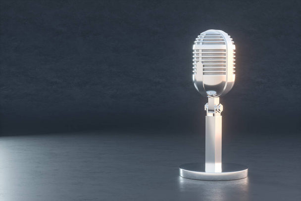 3D illustration. Silver metal microphone with a round base. Retro microphone for broadcast radio or concert. - Photo, image