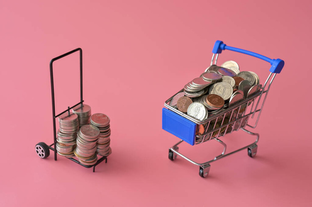 Many coins in the two shopping carts Isolated on pink background and copy space, saving and investment concept. - Фото, изображение