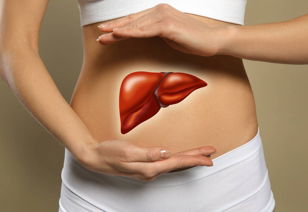 Woman and illustration of liver on beige background, closeup - Фото, изображение