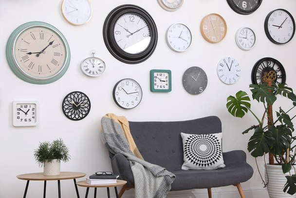 Comfortable furniture, beautiful houseplant and collection of different clocks on white wall in room - Photo, image