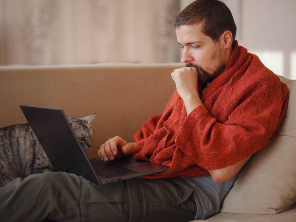 Ένας άντρας καλυμμένος με ζεστή κουβέρτα κοιτάζοντας την οθόνη του φορητού υπολογιστή, κάθεται στον καναπέ στο σπίτι, άδειος χώρος. Ασθένεια παραρρινοκολπίτιδας, συμπτώματα γρίπης. Εργασία εξ αποστάσεως στο σπίτι. - Φωτογραφία, εικόνα