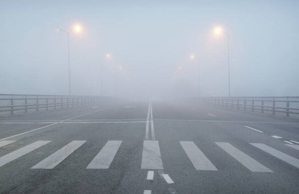 An empty illuminated asphalt road (highway) in a thick fog. Pedestrian walkway, crossing, street lights. Dangerous driving, walking, cycling, traffic laws concepts - Photo, Image