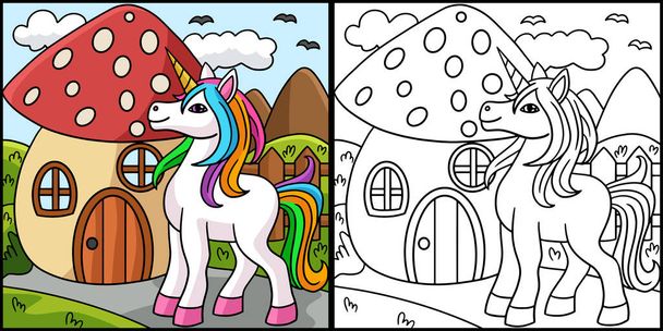  Unicorn In Front Of Mushroom Colored Illustration - Vettoriali, immagini
