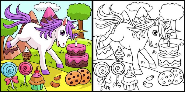 Unicorn In Candy Land Coloring Page Illustration - Vektor, obrázek
