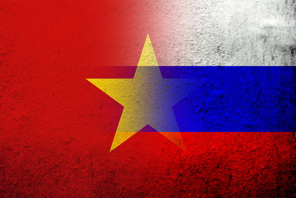 Nationale vlag van de Russische Federatie met de Socialistische Republiek Vietnam Nationale vlag. Grunge achtergrond - Foto, afbeelding