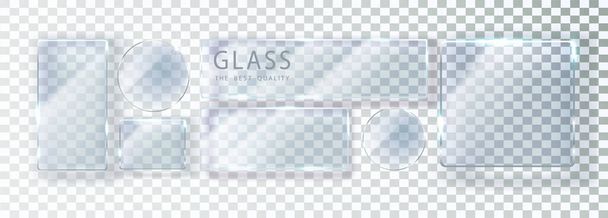 Set of transparent glass banners. Vector glass plates with place for inscriptions. Flat glass isolated on transparent background. Realistic 3D design. Vector transparent object. - Vektori, kuva