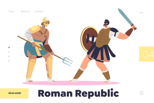 Roman republic concept of landing page with gladiator fight with barbarian on arena - Vector, Image