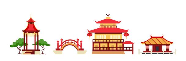 Edificios chinos y japoneses, templo antiguo, pagoda, puente y santuario. Arquitectura asiática antigua - Vector, Imagen