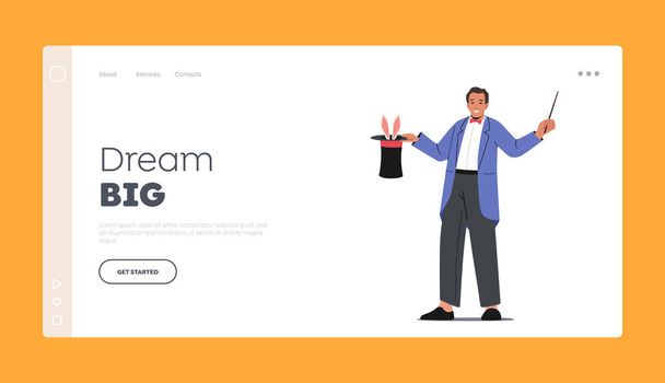 Big Top Illusionist Magic Show Landing Page Template. Circus Magician Performing Tricks With Magical Wand and Rabbit - Vector, afbeelding