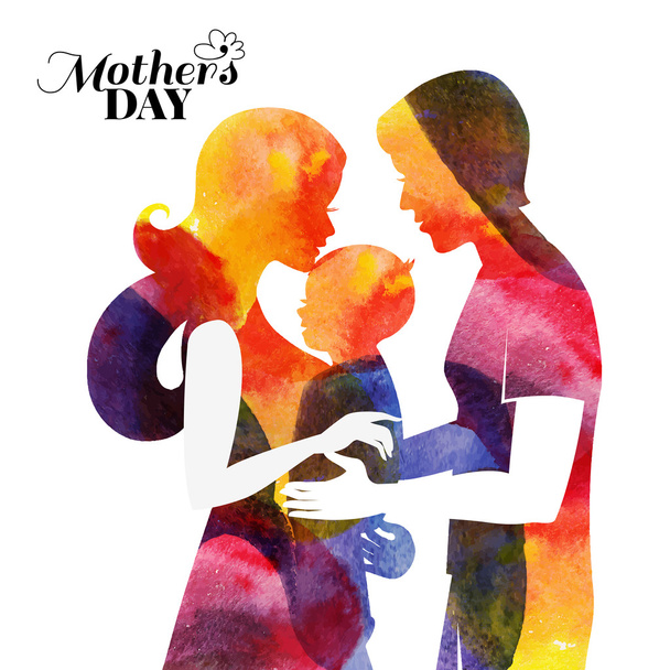 Family. Watercolor mother silhouette with her baby and husband. - Vector, Image