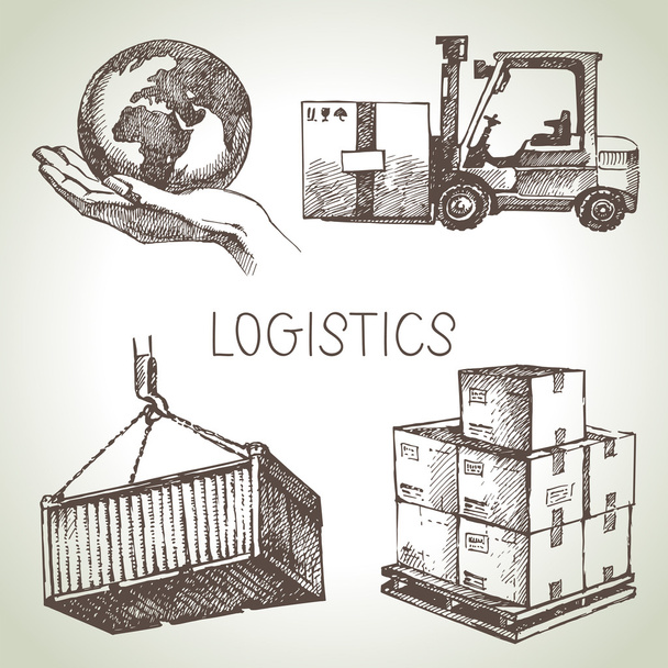 Conjunto de iconos de boceto de entrega y logística dibujada a mano
 - Vector, imagen