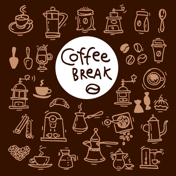 Kroki doodle kahve Icon set. - Vektör, Görsel