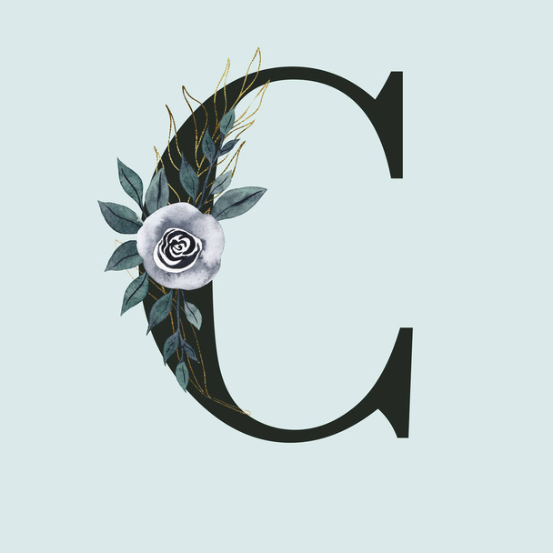 Capital letter C decorated with golden swirls. watercolor flower and leaves. Letter of the English alphabet with floral decoration. Green foliage. - Photo, image