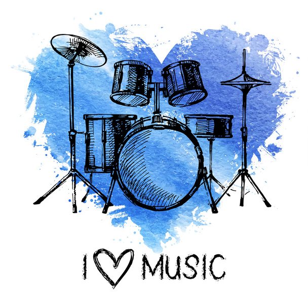 Muziek achtergrond met plons aquarel hart en schets - Vector, afbeelding