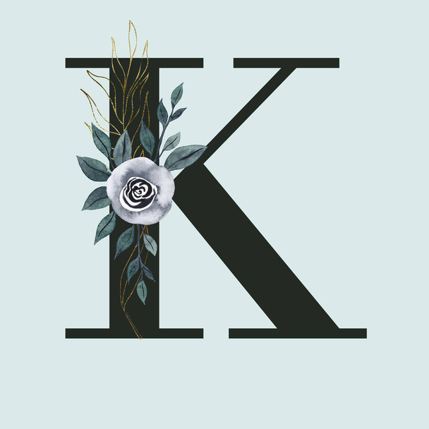 Capital letter K decorated with golden swirls. watercolor flower and leaves. Letter of the English alphabet with floral decoration. Green foliage. - Фото, зображення