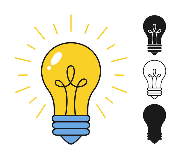 Light retro bulb icon, glass lamp stamp doodle outline set lightbulb shine symbol idea creativity - Vetor, Imagem