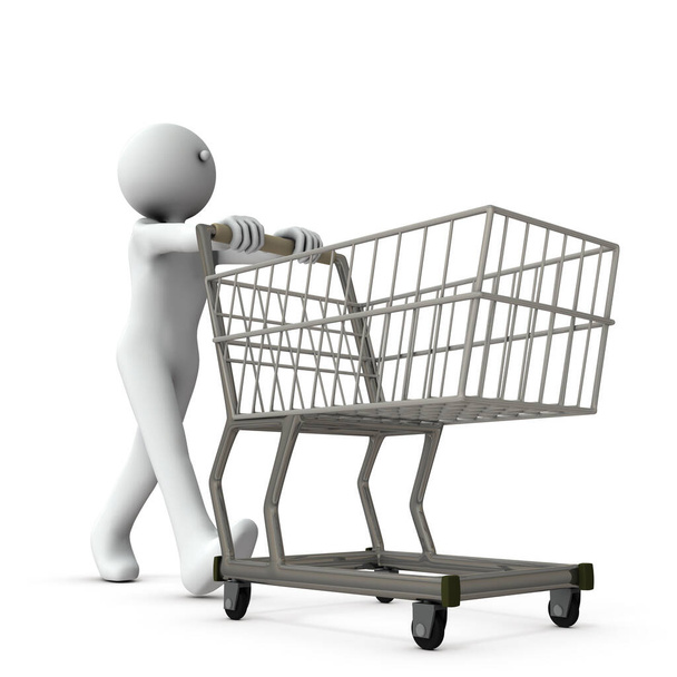 A customer pushing an empty shopping cart. Shopping and stockpiling. Isolated white background. 3D rendering. - Foto, Imagen