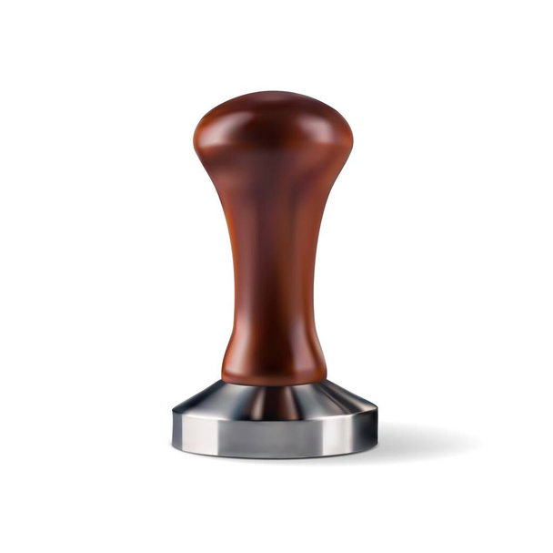 Realistic coffee tamper, vector tool. Coffee tamper with wooden handle, coffee maker portafilter press tamp, realistic 3d isolated object - Vector, Image