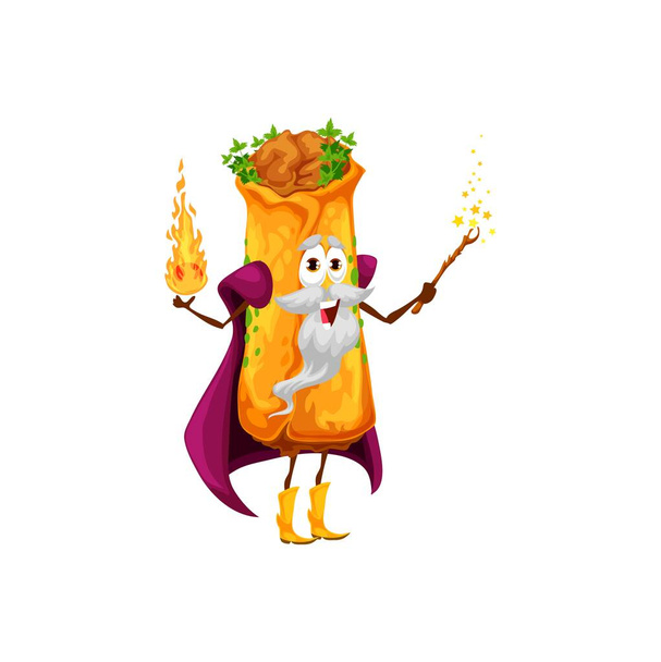 Personaje mago enchilada mexicana de dibujos animados. Vector tex mex snack mago o bruja con fuego y varita en las manos. Nigromante, burrito divertido en capa, hechicero, personaje mágico, comida tradicional mexicana - Vector, Imagen