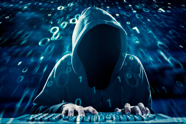 Double exposure of hooded hacker stealing information data in the cyberspace with binary code background - Φωτογραφία, εικόνα