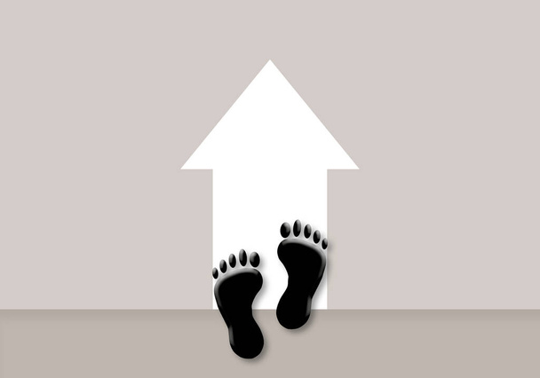 Footprint with arrow on brown background. Concept for start and Challenge, Chance to success, Moving forward. space for the text. illustration of 3d paper cut design style. - Foto, imagen