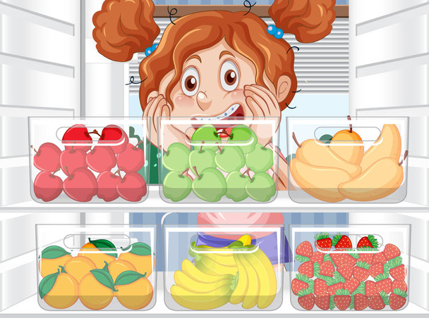 冷蔵庫のイラストで食べ物を探している女の子 - ベクター画像