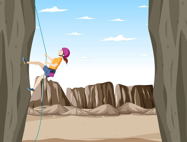 Escena al aire libre con escalador de rocas en la ilustración del acantilado - Vector, Imagen