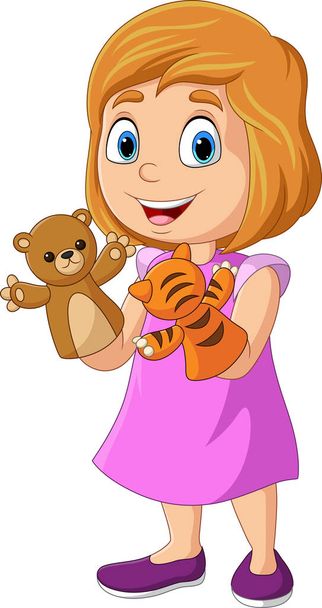 Vector illustration of Cartoon little girl playing animals puppet - Vector, Image
