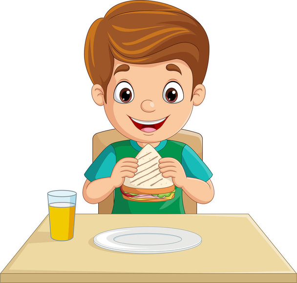 Vektorillustration von Cartoon kleiner Junge beim Brotessen - Vektor, Bild