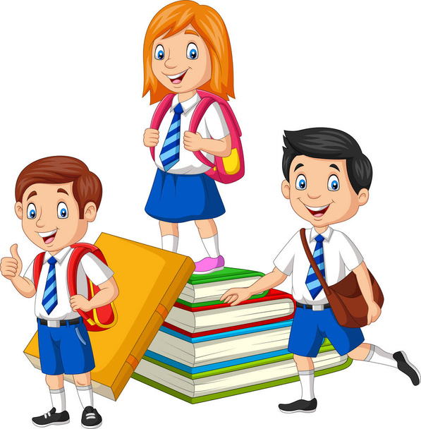 Vektor illusztrációja Boldog iskolás gyerekek egy halom könyvet - Vektor, kép