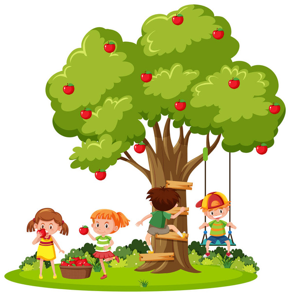 Kids playing under the tree illustration - Вектор,изображение