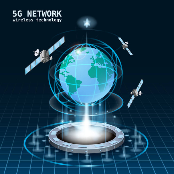 5G Rete globale tecnologia internet portale futuristico, ologramma, satellite di trasmissione dati ad alta velocità - Vettoriali, immagini