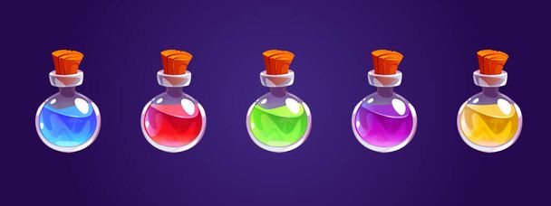 Magic potion bottles, glass jars with elixir - Вектор, зображення
