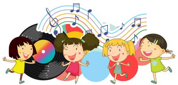 Ευτυχισμένα παιδιά χορεύουν με μουσικές νότες σε λευκό φόντο εικονογράφηση - Διάνυσμα, εικόνα