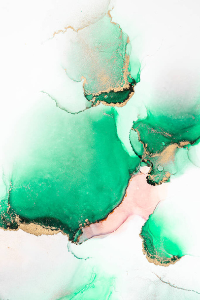 Green gold abstract background of marble liquid ink art painting on paper . - Photo, image