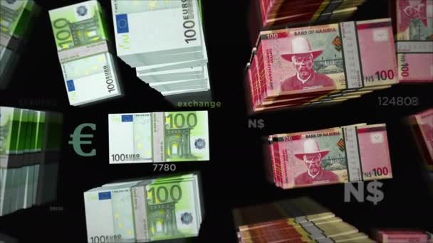 Euro and Namibia Dollar money exchange. Paper banknotes pack bundle. Concept of trade, economy, competition, crisis, banking and finance. Notes loopable seamless 3d animation. - Imágenes, Vídeo